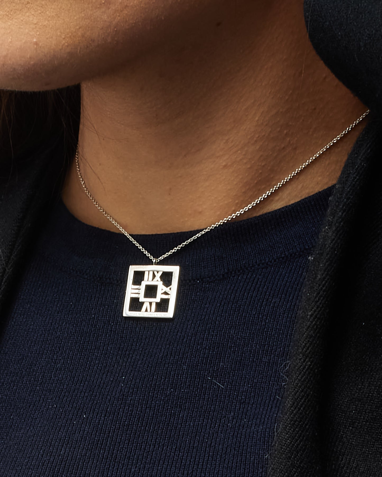 Tiffany & Co. Silver Atlas Roman Number Pendant Necklace