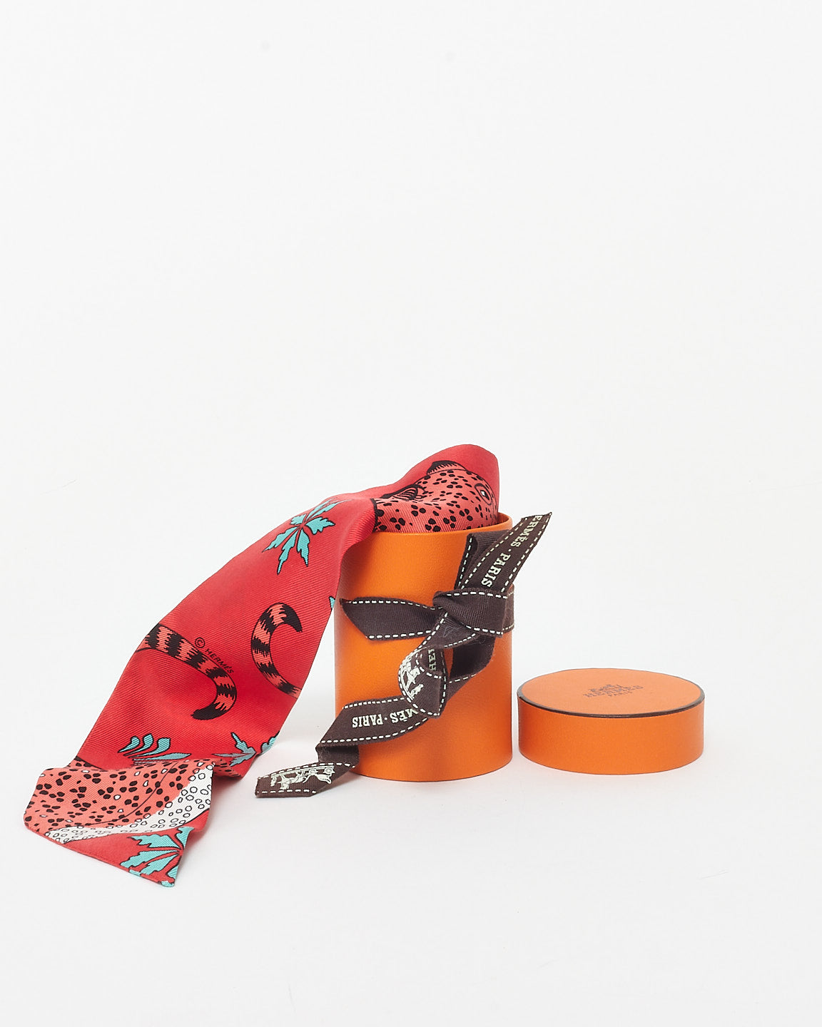 Hermès Red Les Leopards Bandana Silk Twilly Scarf