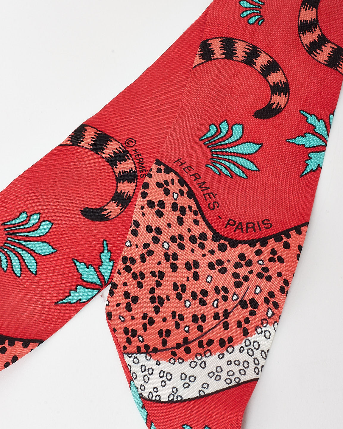 Hermès Red Les Leopards Bandana Silk Twilly Scarf
