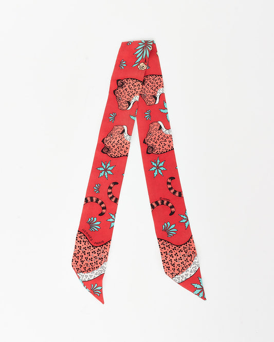 Hermès Red Les Leopards Bandana Silk Twilly Scarf