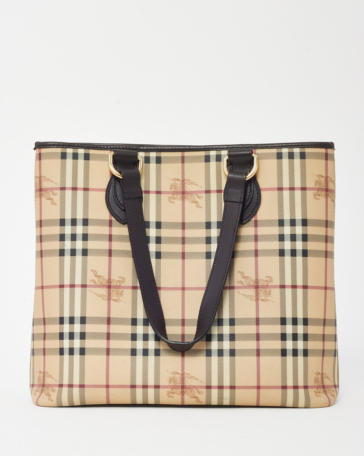 Burberry Brown Leather and Haymarket Check Coated Canvas Tote Bag