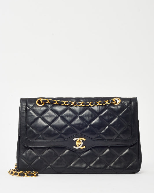 Chanel Vintage Black Lambskin Leather Medium Paris Double Flap Bag 2-Tone GHW