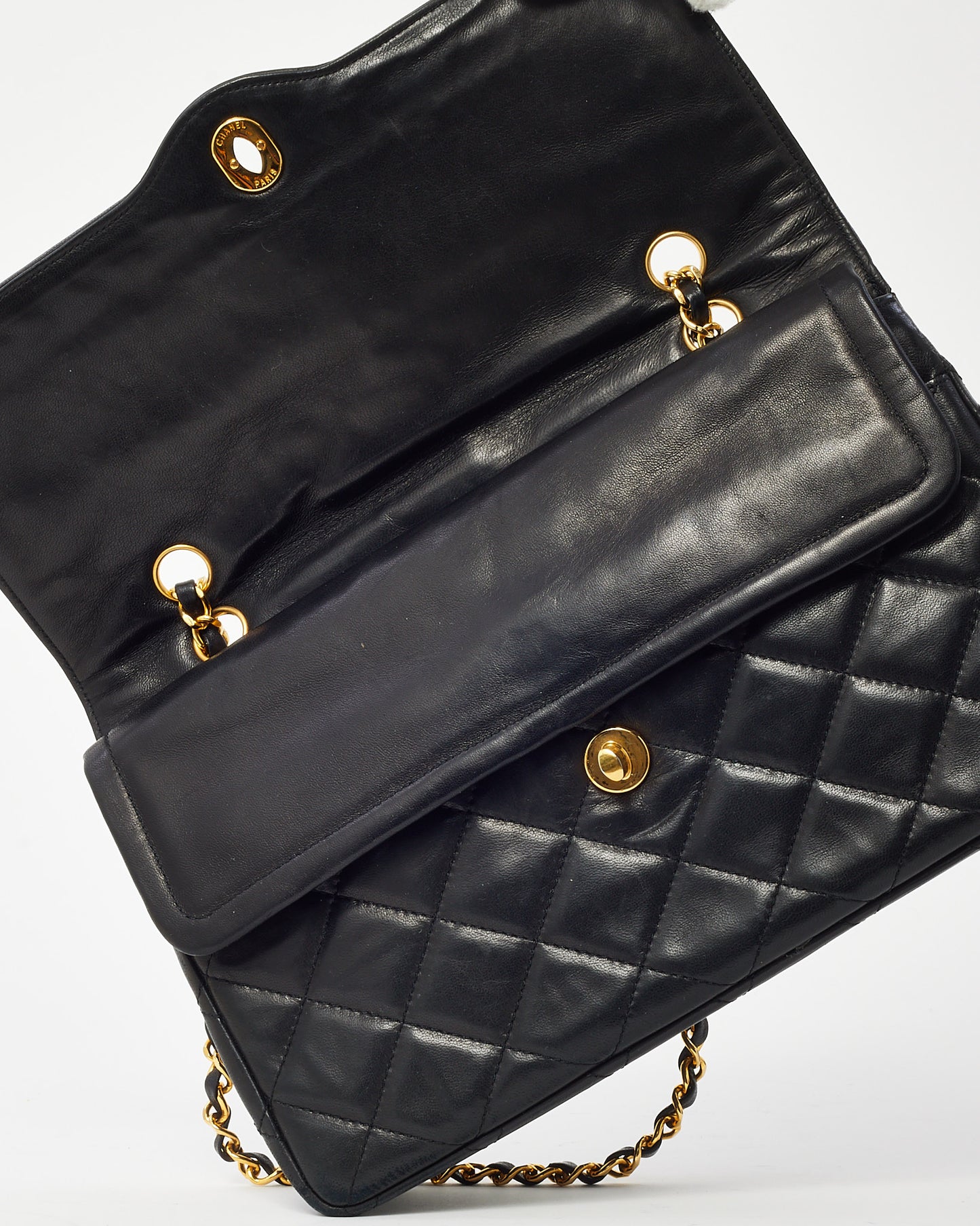 Chanel Vintage Black Lambskin Leather Medium Paris Double Flap Bag 2-Tone GHW