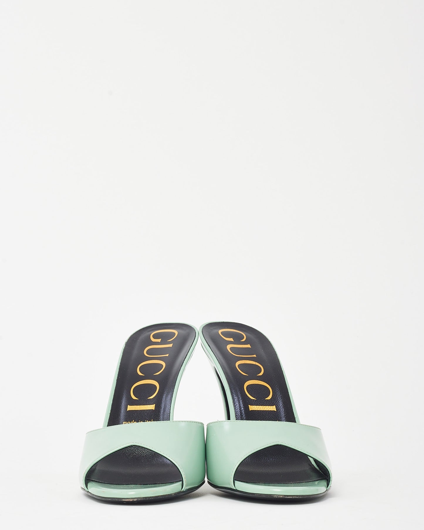 Gucci Aqua Green Polished Calfskin Scarlet Mid Heel Slide Sandals - 39.5