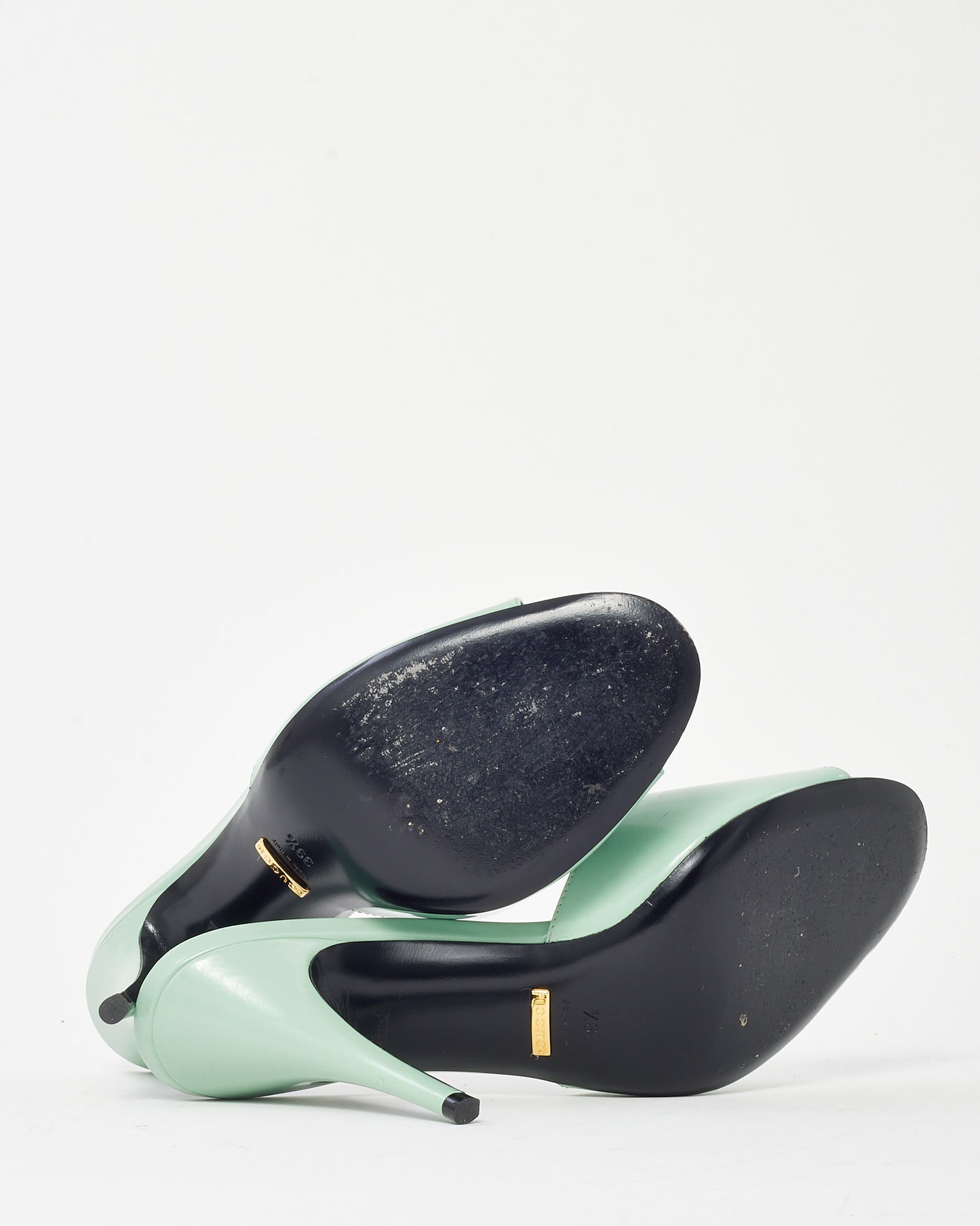 Gucci Aqua Green Polished Calfskin Scarlet Mid Heel Slide Sandals - 39.5