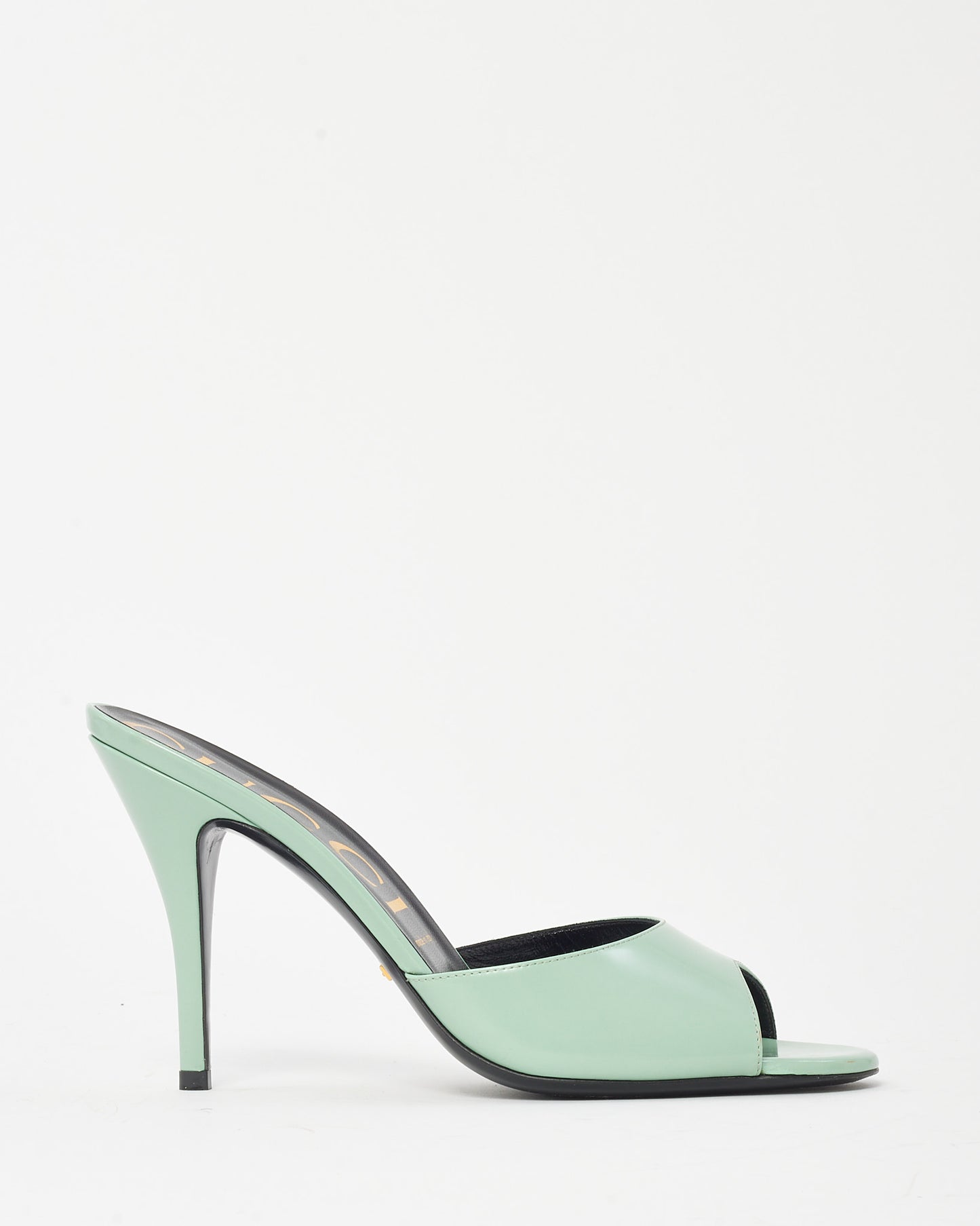 Gucci Aqua Green Polished Calfskin Scarlet Mid Heel Slide Sandals - 39.5