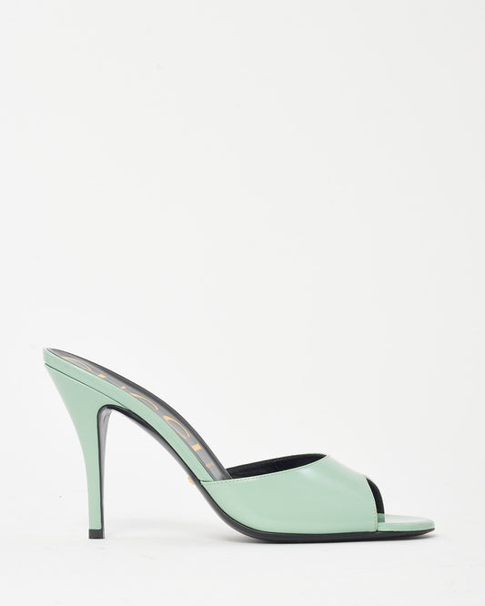 Gucci Aqua Green Polished Calfskin Scarlet Mid Heel Slide Sandals - 39.5