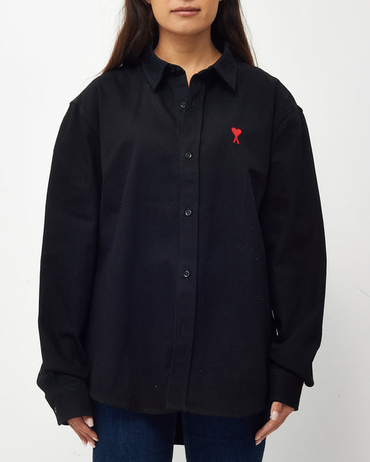 AMI Paris Men's Black Denim Logo Embroidered Ami De Coeur Button-Down Shirt - M / 40 MEN