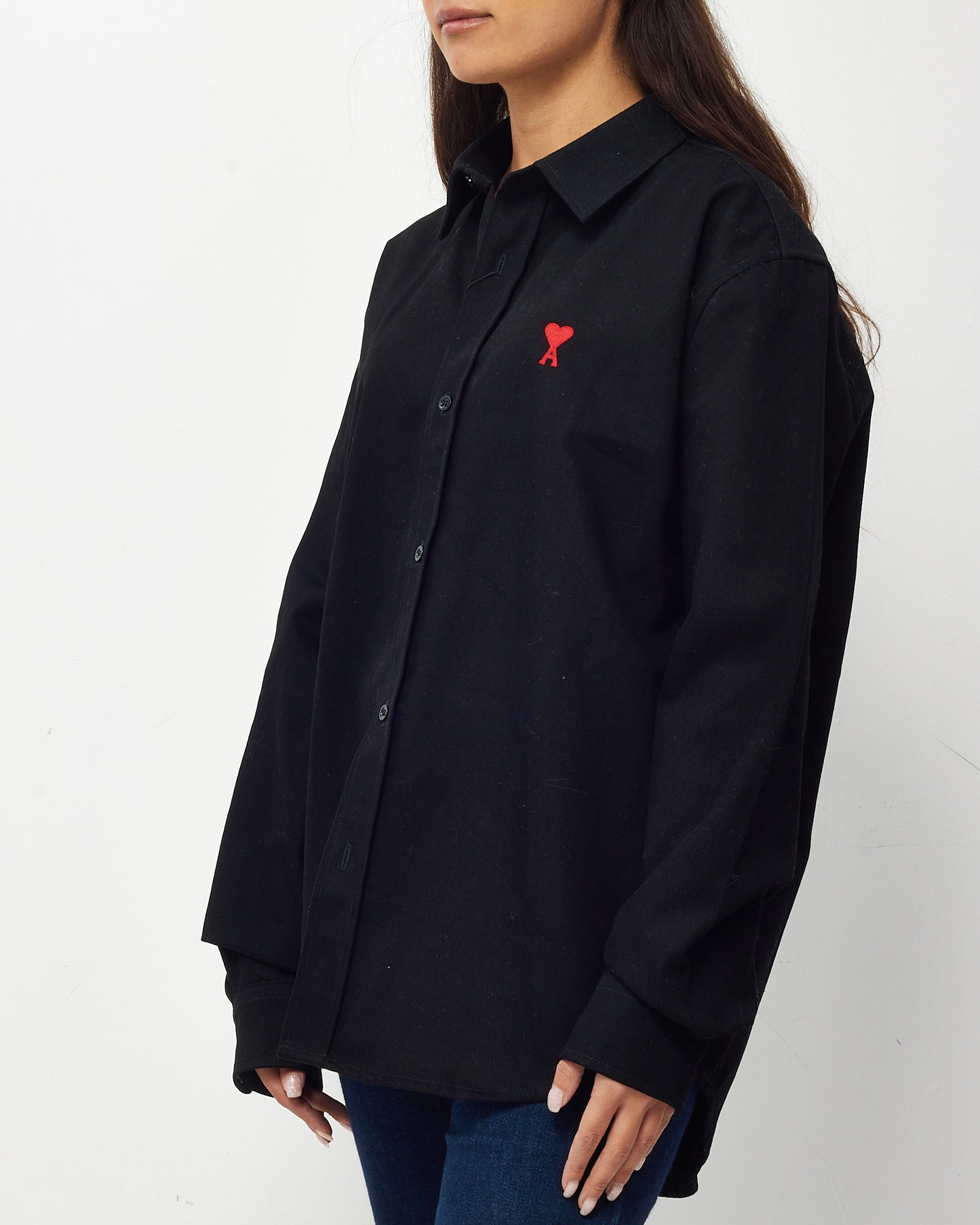 AMI Paris Men's Black Denim Logo Embroidered Ami De Coeur Button-Down Shirt - M / 40 MEN