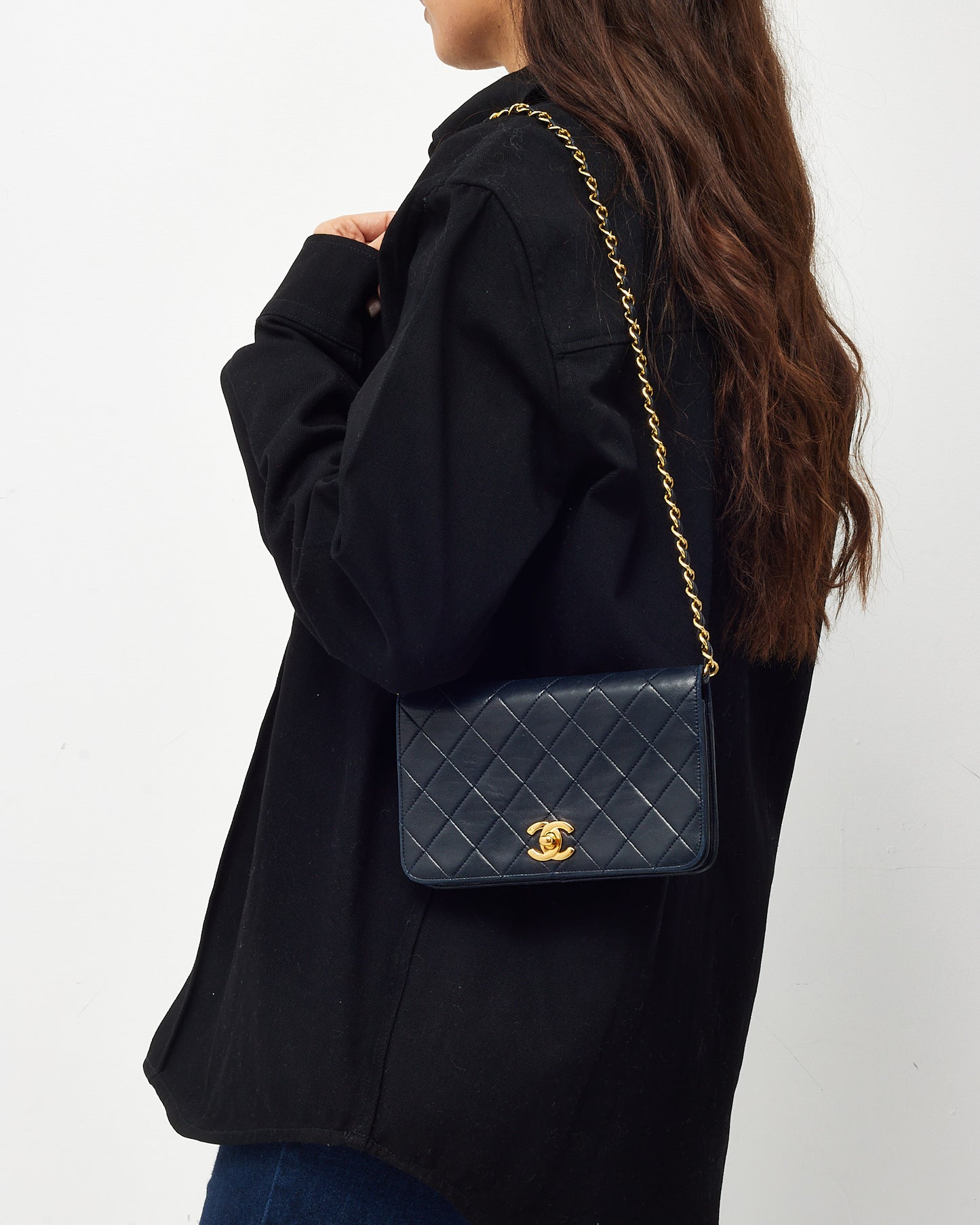 Chanel Vintage Navy Lambskin Leather Full Flap WOC Wallet on Chain Crossbody GHW