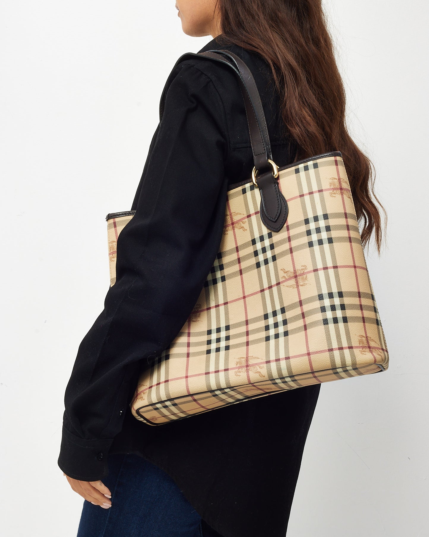 Burberry Brown Leather and Haymarket Check Coated Canvas Tote Bag