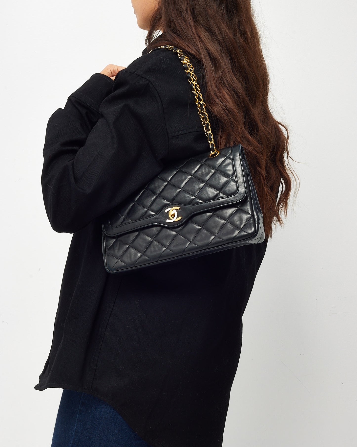 Chanel Vintage Black Lambskin Leather Medium Paris Double Flap Bag 2-Tone GHW