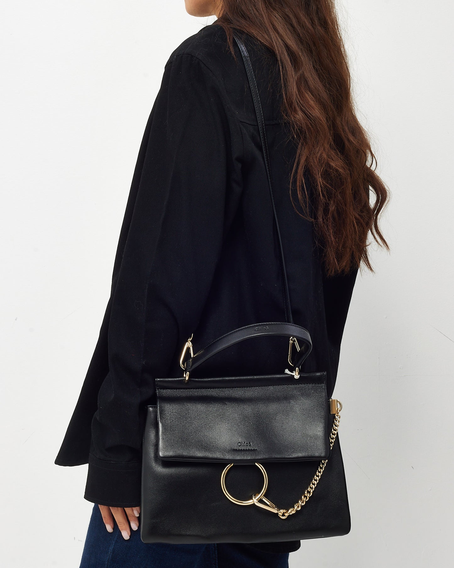 Chloé Black Leather Medium Faye Day Top Handle Bag with Crossbody Strap