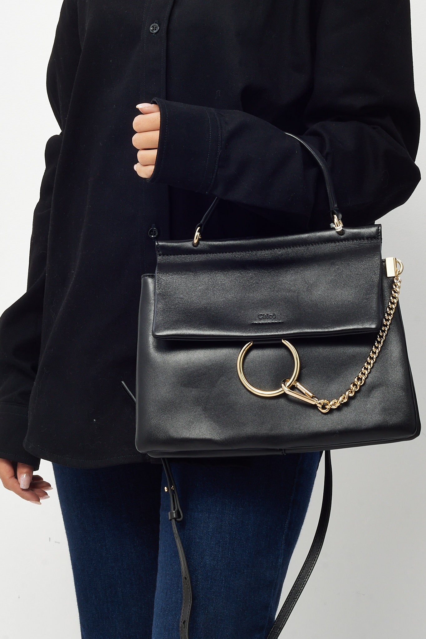 Chloé Black Leather Medium Faye Day Top Handle Bag with Crossbody Strap