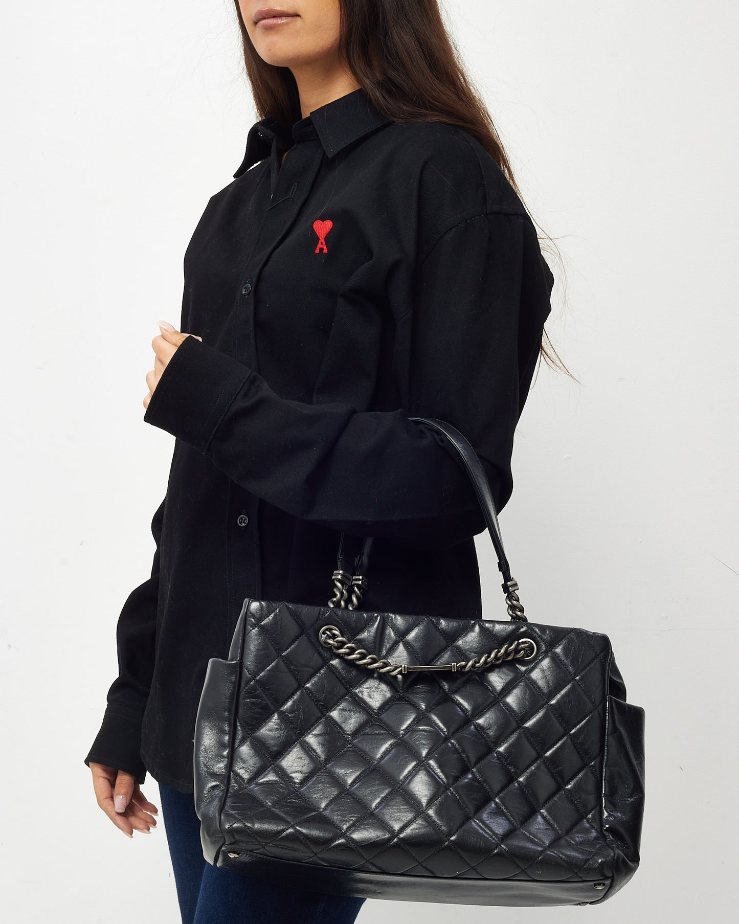 Chanel Black Glazed Quilted Calfskin Medium Name Plate Tote SHW