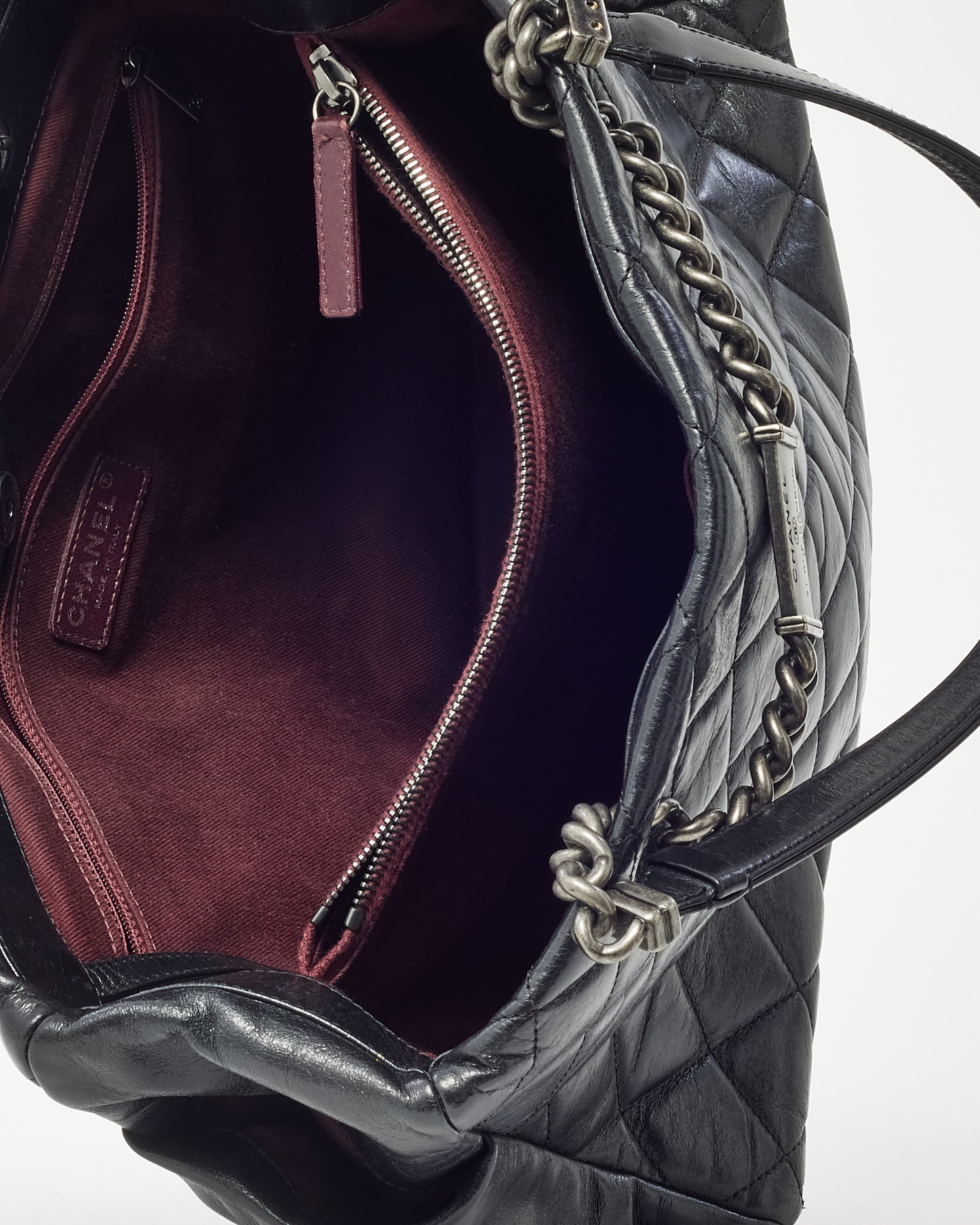 Chanel Black Glazed Quilted Calfskin Medium Name Plate Tote SHW