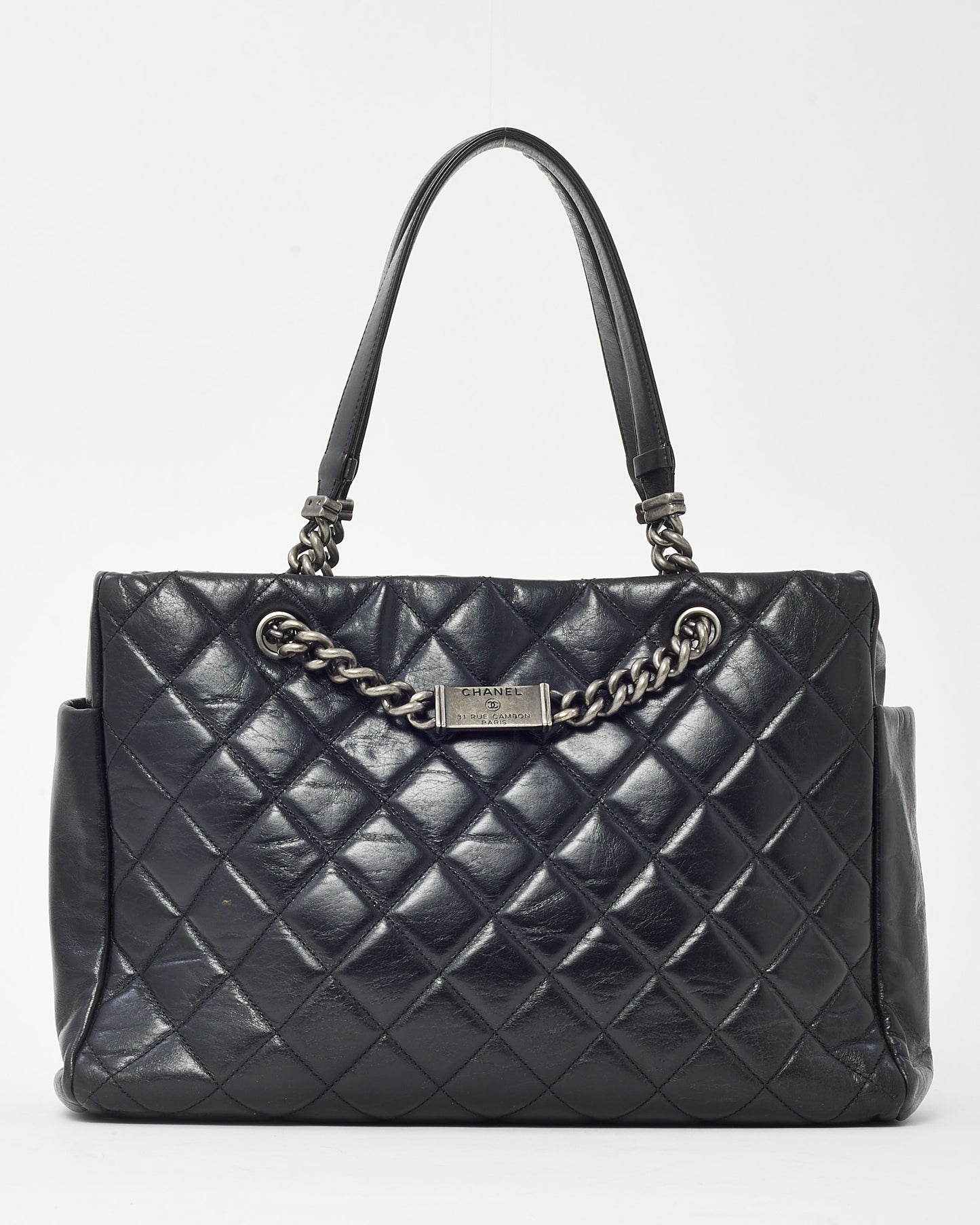 Chanel Black Glazed Quilted Calfskin Medium Name Plate Tote SHW