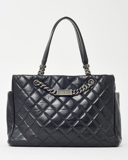 Chanel Black Glazed Quilted Calfskin Medium Name Plate Tote SHW