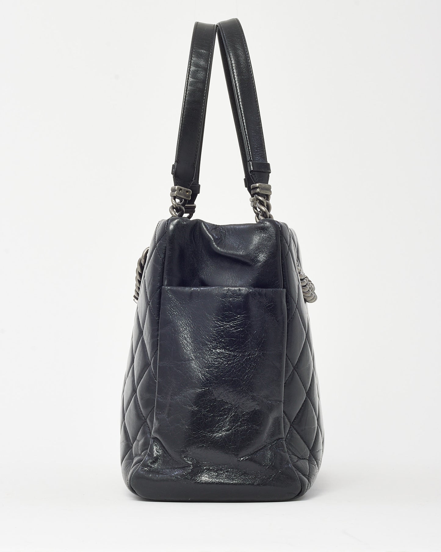 Chanel Black Glazed Quilted Calfskin Medium Name Plate Tote SHW