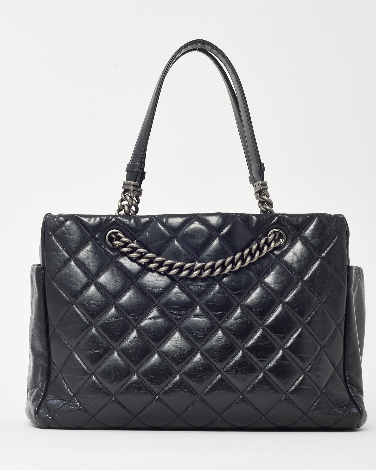 Chanel Black Glazed Quilted Calfskin Medium Name Plate Tote SHW