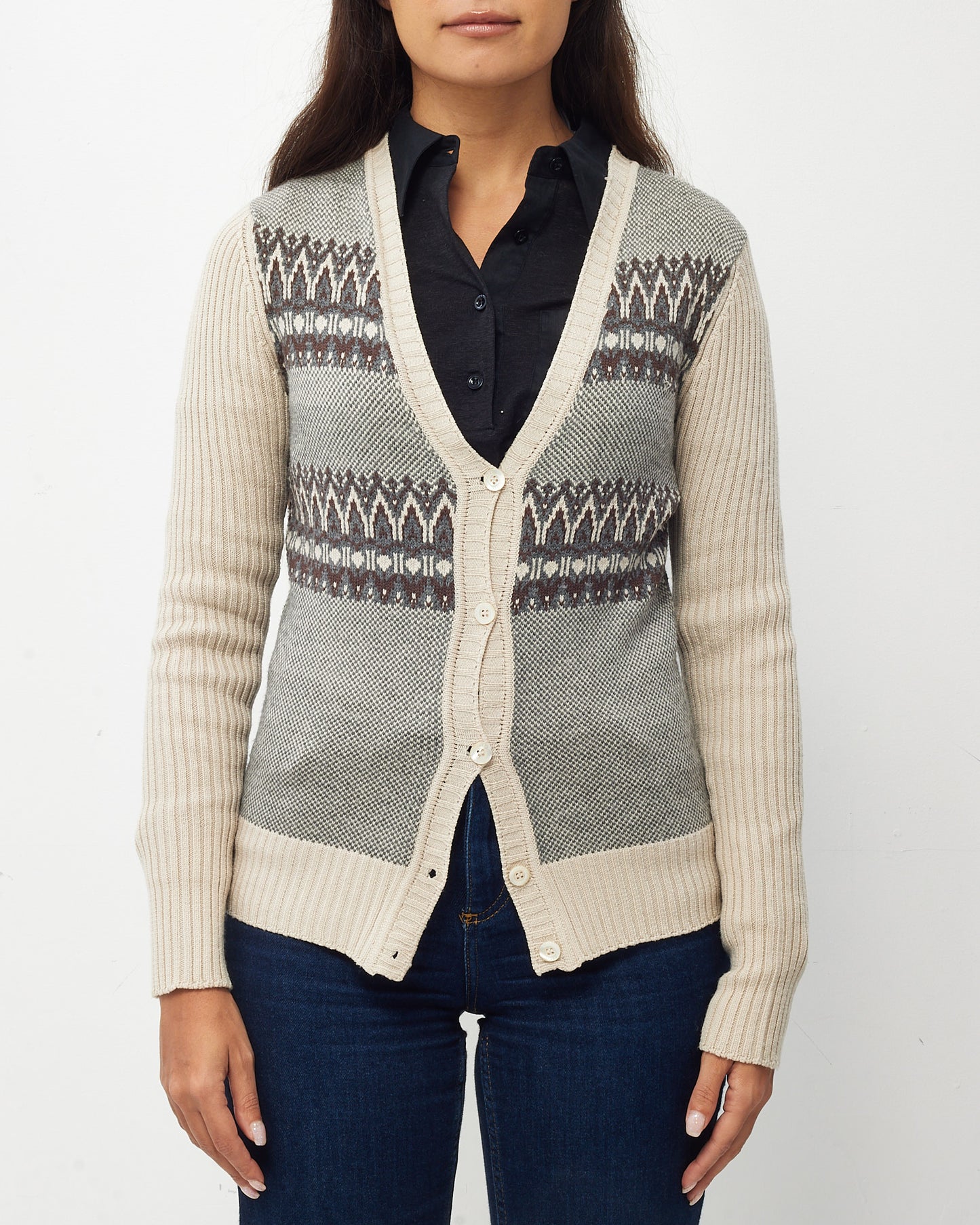Gucci Grey/Beige/Brown Wool Knit Geometric Pattern Cardigan Sweater - S