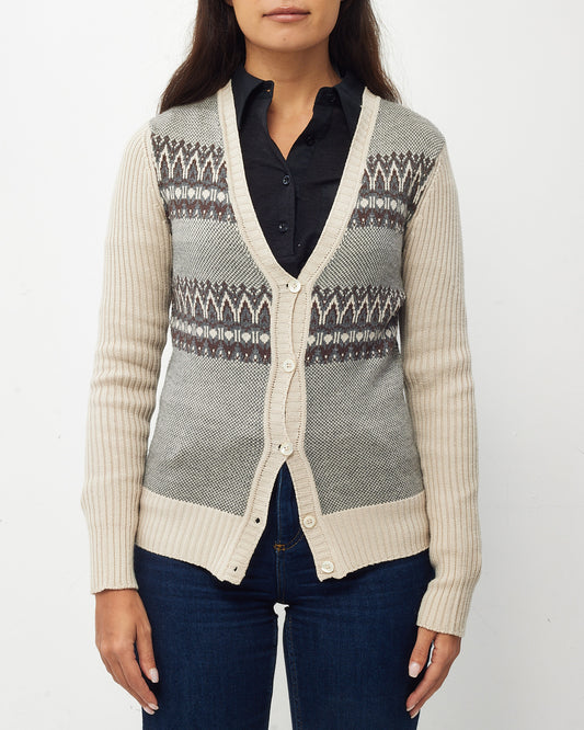 Gucci Grey/Beige/Brown Wool Knit Geometric Pattern Cardigan Sweater - S