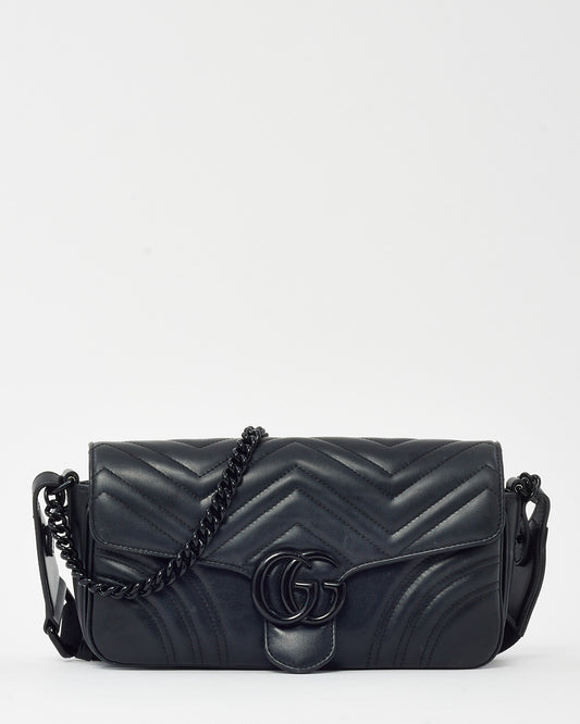 Gucci Black Chevron Matelassé Calfskin Leather Monochrome GG Marmont Crossbody Shoulder Bag