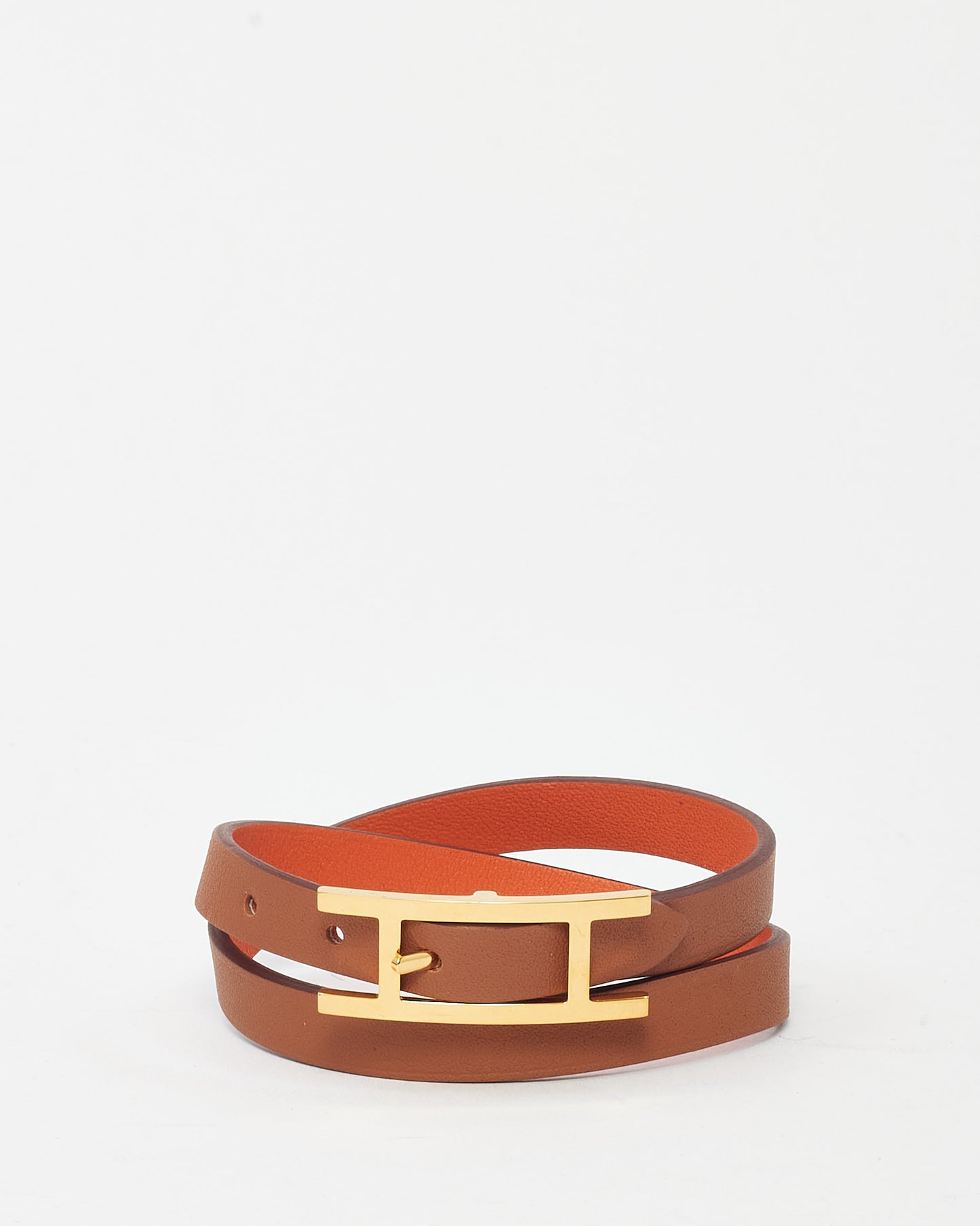 Hermès Orange and Gold (Tan) Leather GHW Behapi Double Tour Bracelet - T2/S