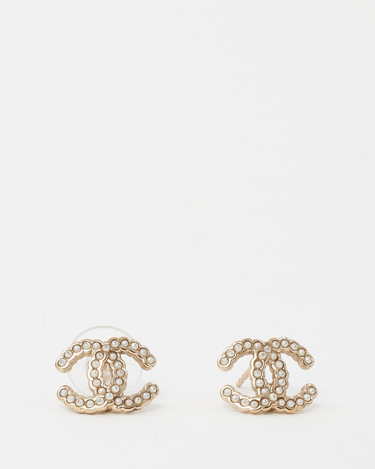Chanel Pale Gold Tone Metal and Faux Pearl CC Logo Stud Earrings