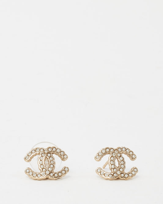 Chanel Pale Gold Tone Metal and Faux Pearl CC Logo Stud Earrings