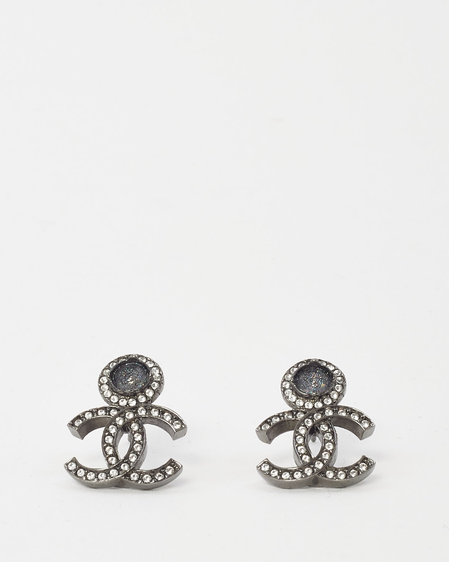 Chanel Gunmetal Halo Crystal Strass Stud CC Logo Earrings