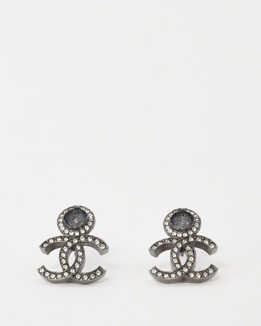 Chanel Gunmetal Halo Crystal Strass Stud CC Logo Earrings