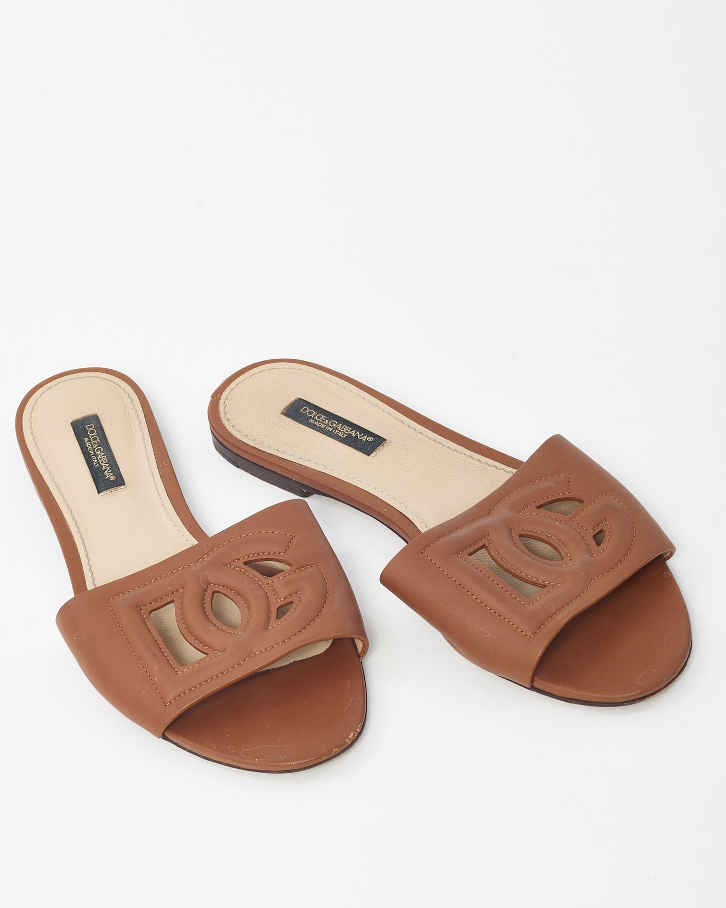 Dolce & Gabbana Brown Leather DG Millennials Logo Slides - 36