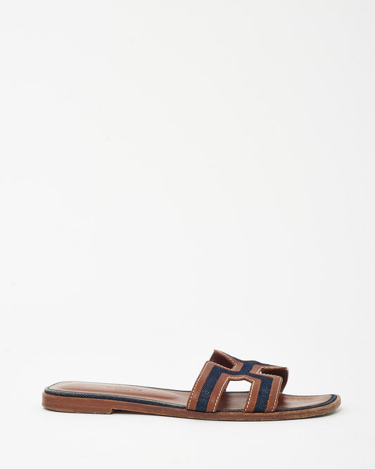 Hermès Brown Leather and Blue Denim Oran H Sandals - 36.5