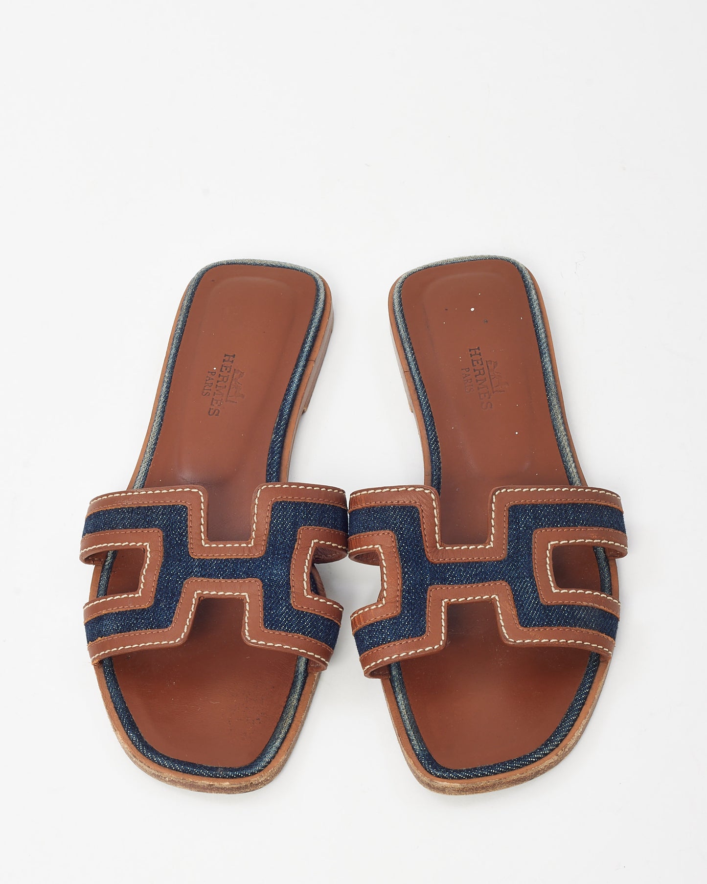 Hermès Brown Leather and Blue Denim Oran H Sandals - 36.5