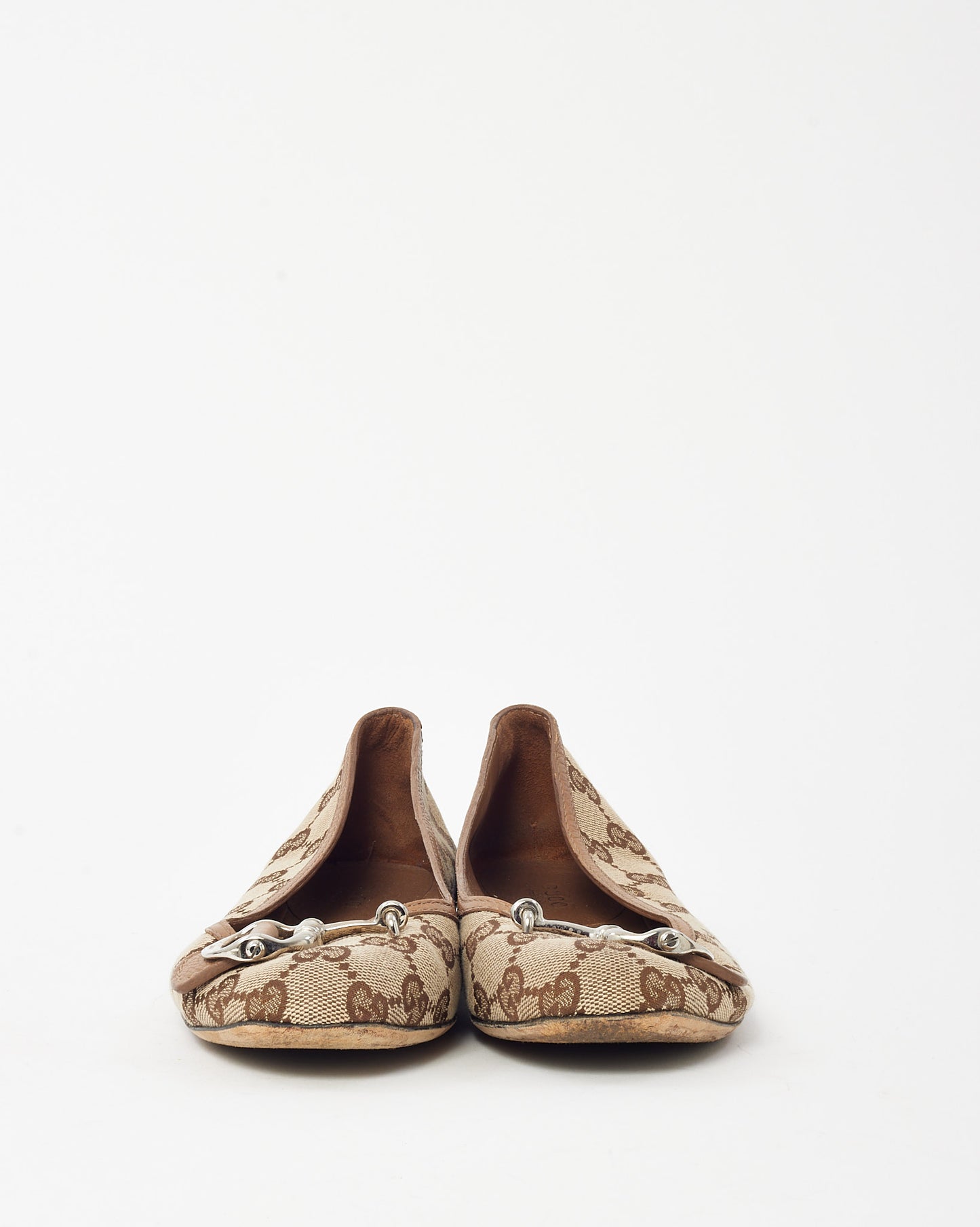 Gucci Beige and Brown GG Monogram Canvas Horsebit Flats - 36