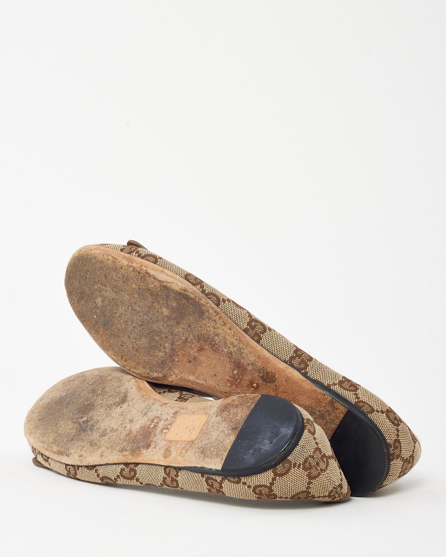 Gucci Beige and Brown GG Monogram Canvas Horsebit Flats - 36