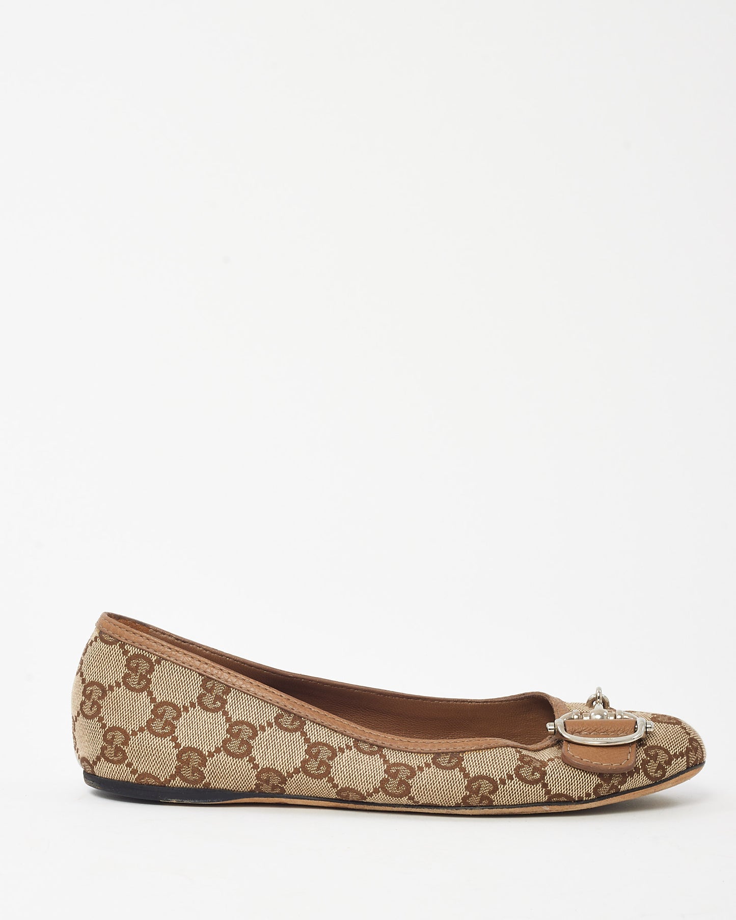 Gucci Beige and Brown GG Monogram Canvas Horsebit Flats - 36