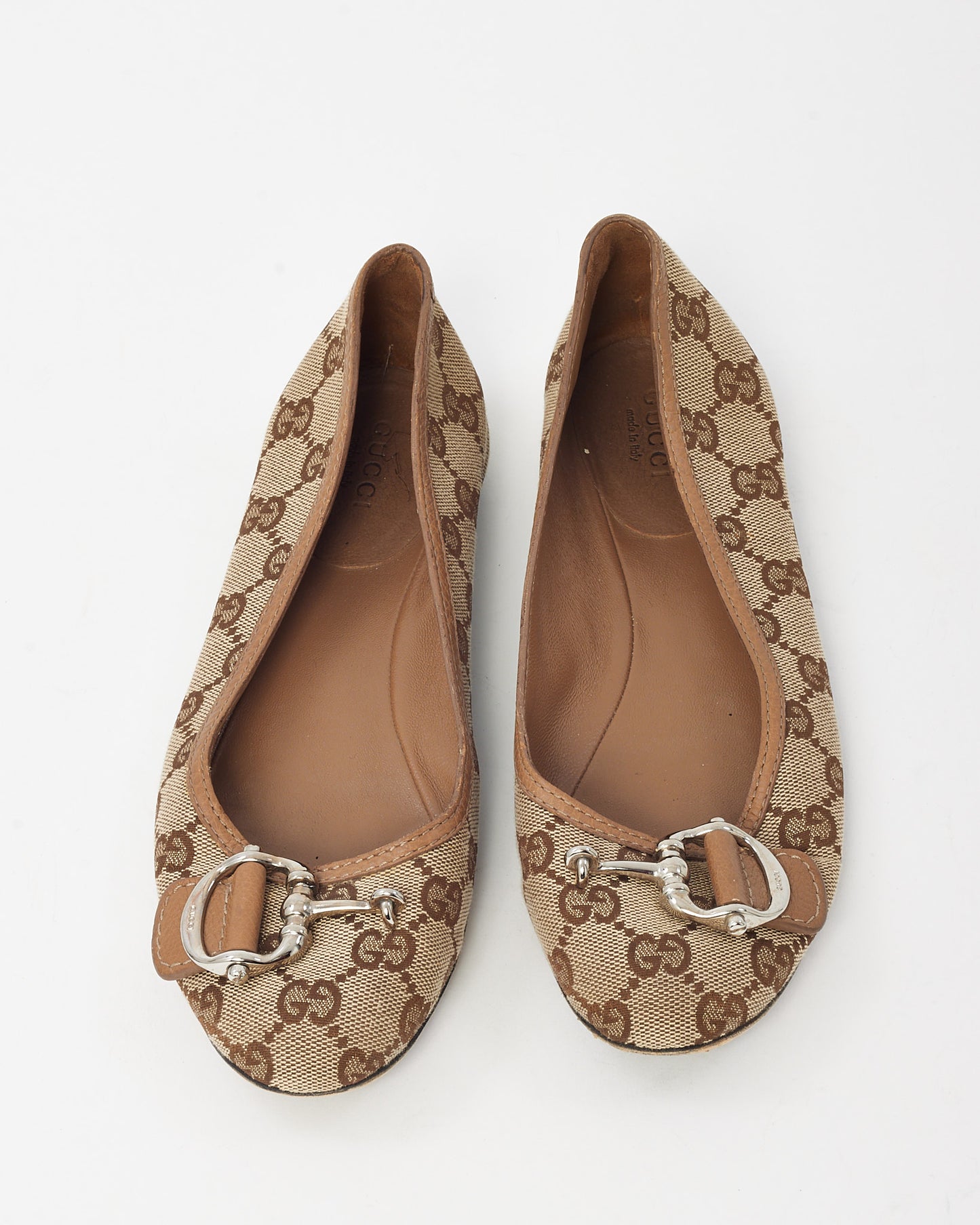 Gucci Beige and Brown GG Monogram Canvas Horsebit Flats - 36