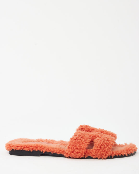 Hermès Orange Coral Shearling Oran H Sandals - 37