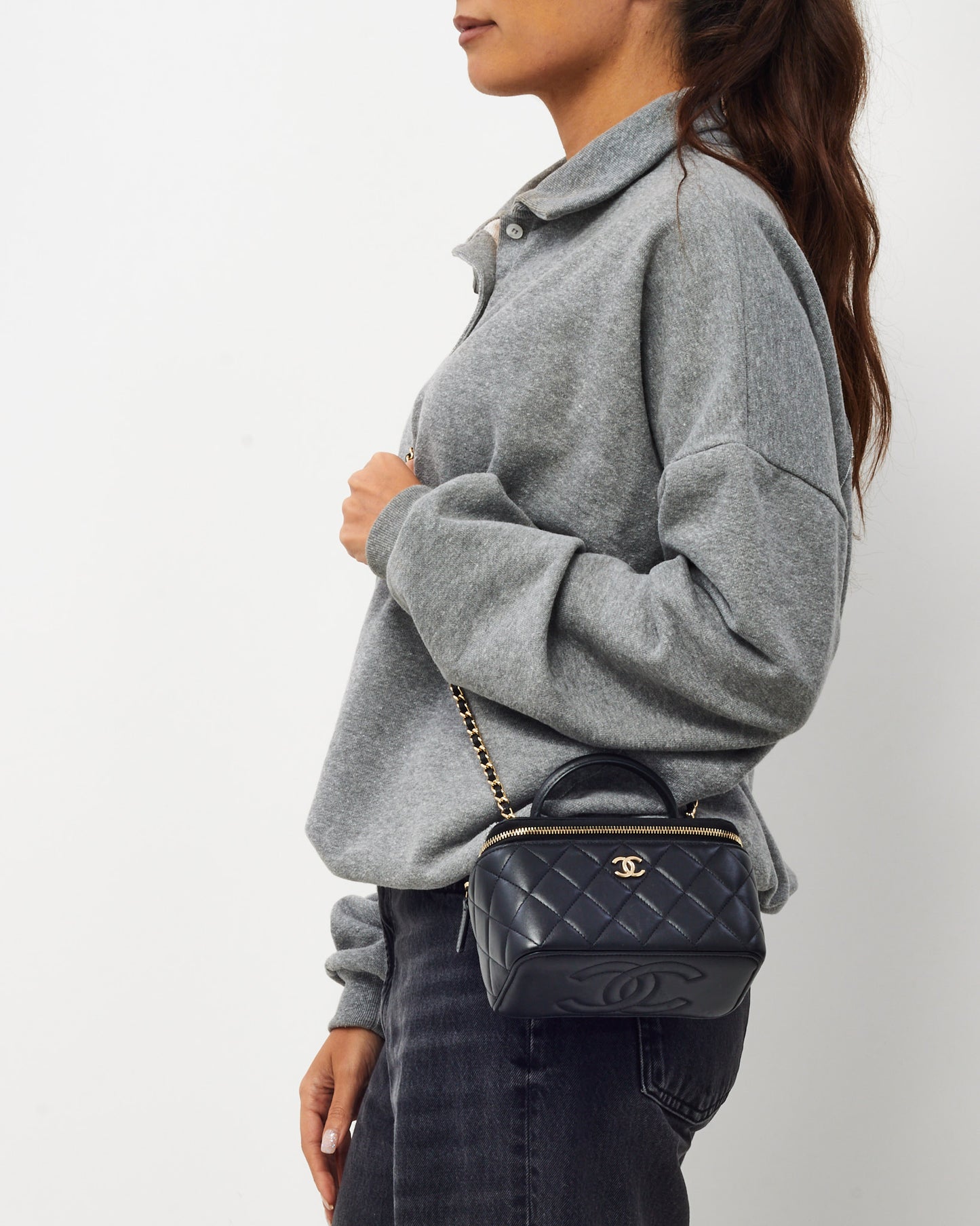 Chanel Black Lambskin Leather Top Handle Chain Vanity Bag GHW