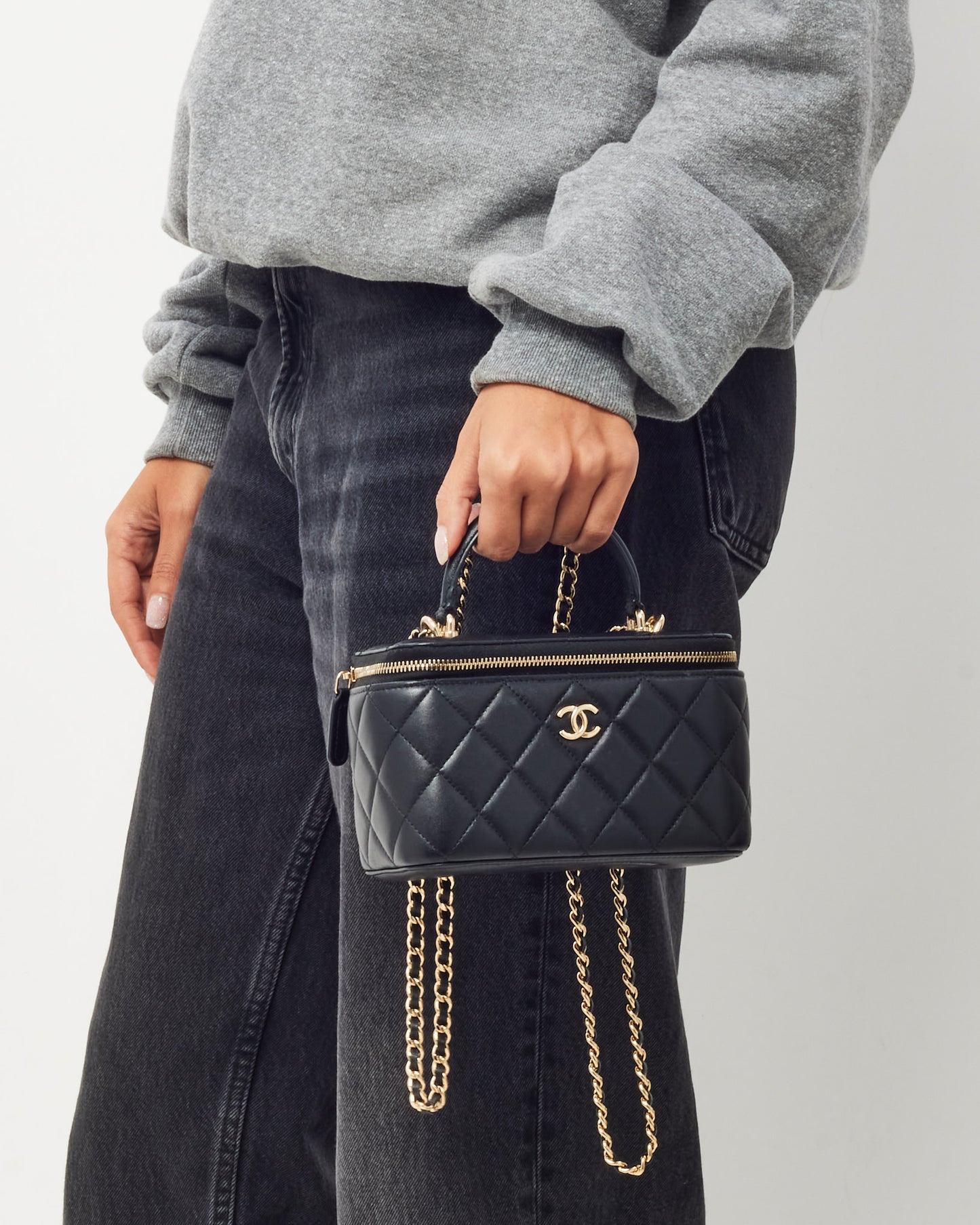Chanel Black Lambskin Leather Top Handle Chain Vanity Bag GHW