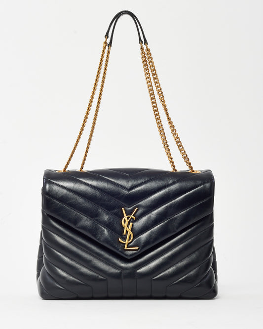 Saint Laurent Black Chevron Leather Medium Loulou Shoulder Bag GHW