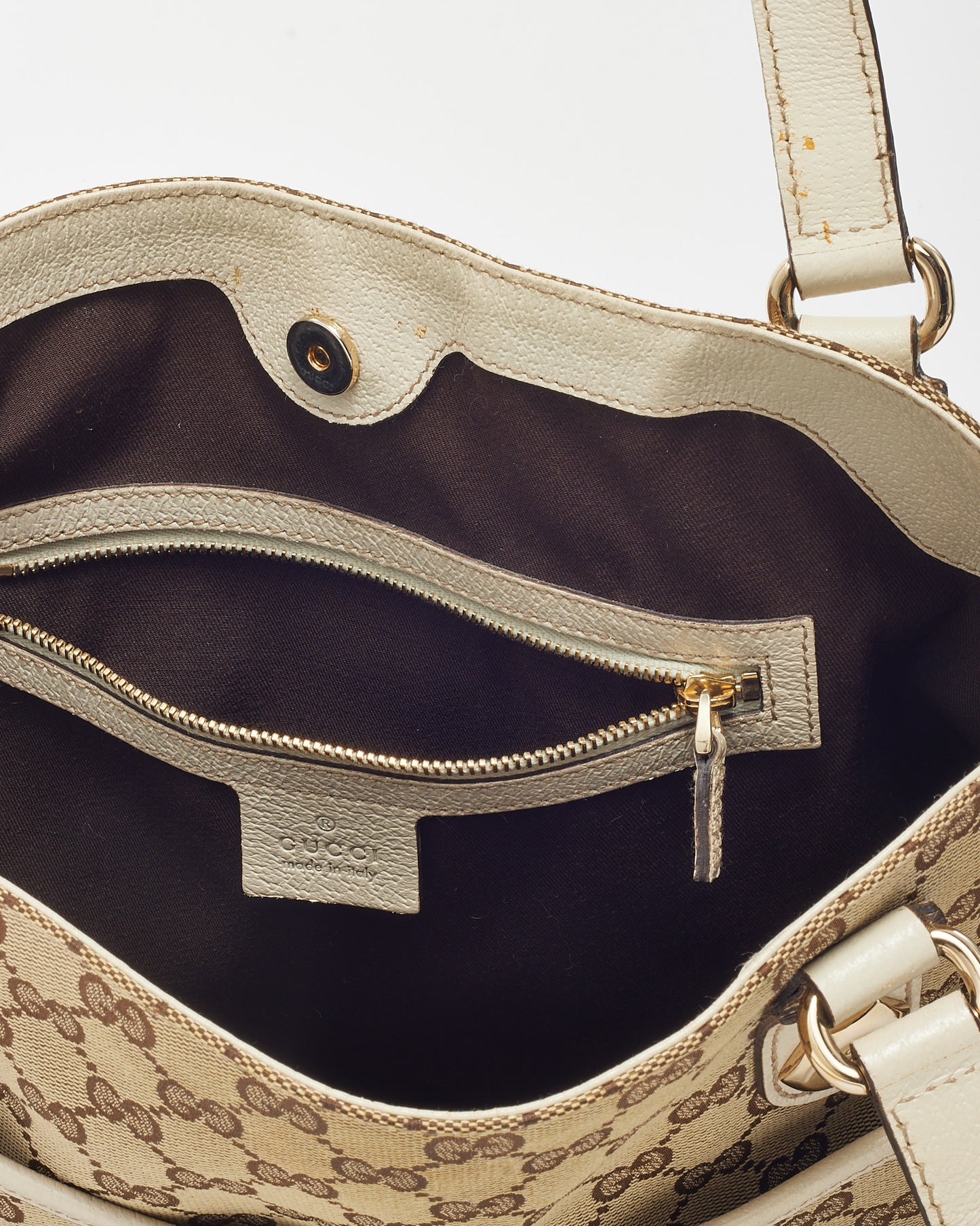 Gucci White Leather and Beige and Brown GG Monogram Canvas Charmy Shoulder Bag