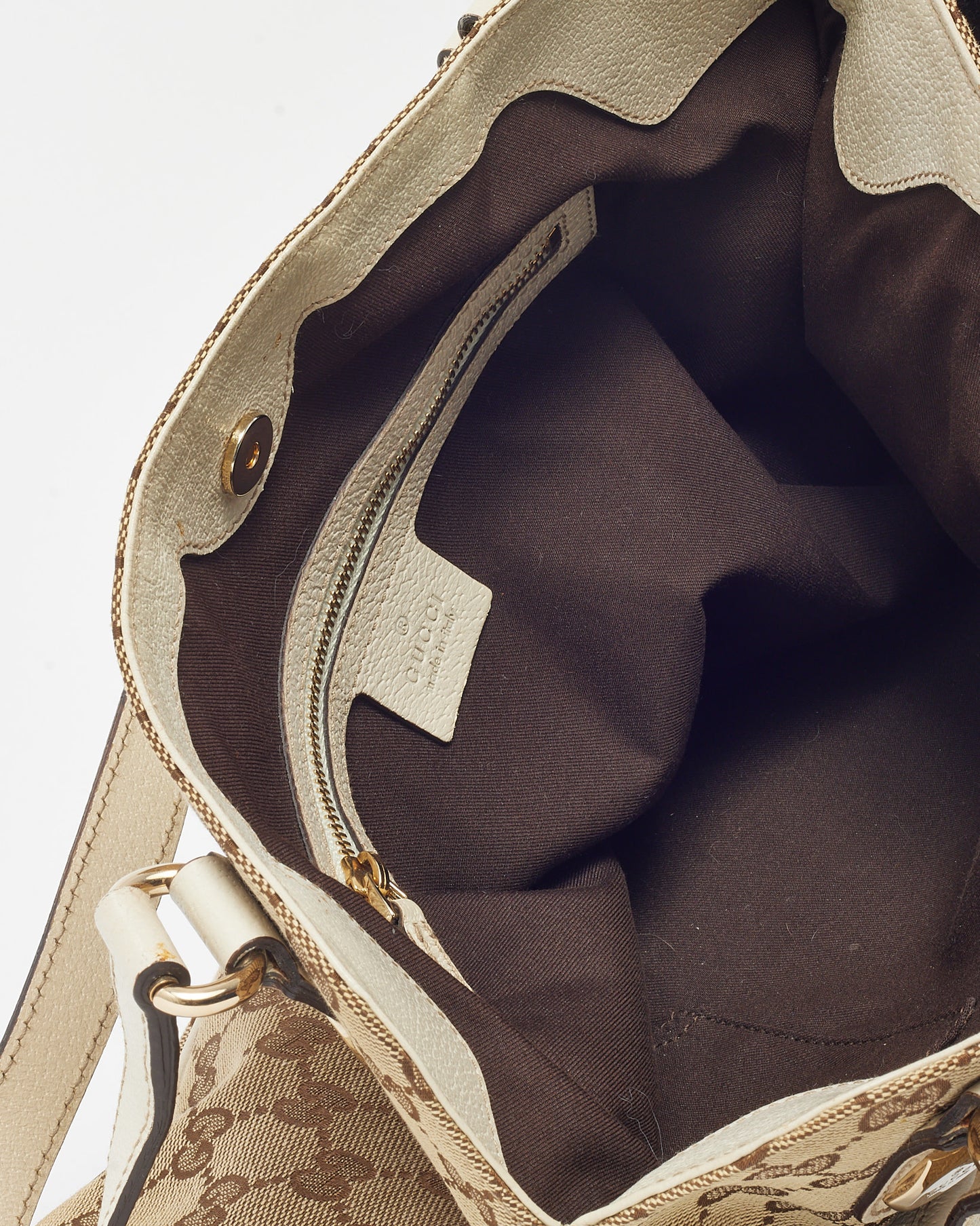 Gucci White Leather and Beige and Brown GG Monogram Canvas Charmy Shoulder Bag