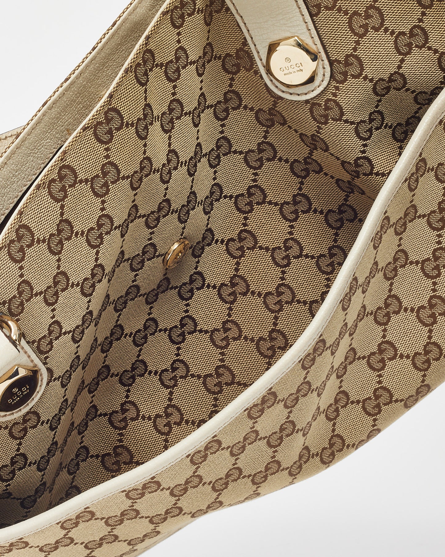 Gucci White Leather and Beige and Brown GG Monogram Canvas Charmy Shoulder Bag