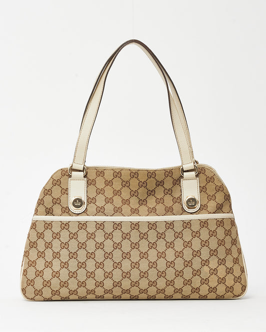 Gucci White Leather and Beige and Brown GG Monogram Canvas Charmy Shoulder Bag