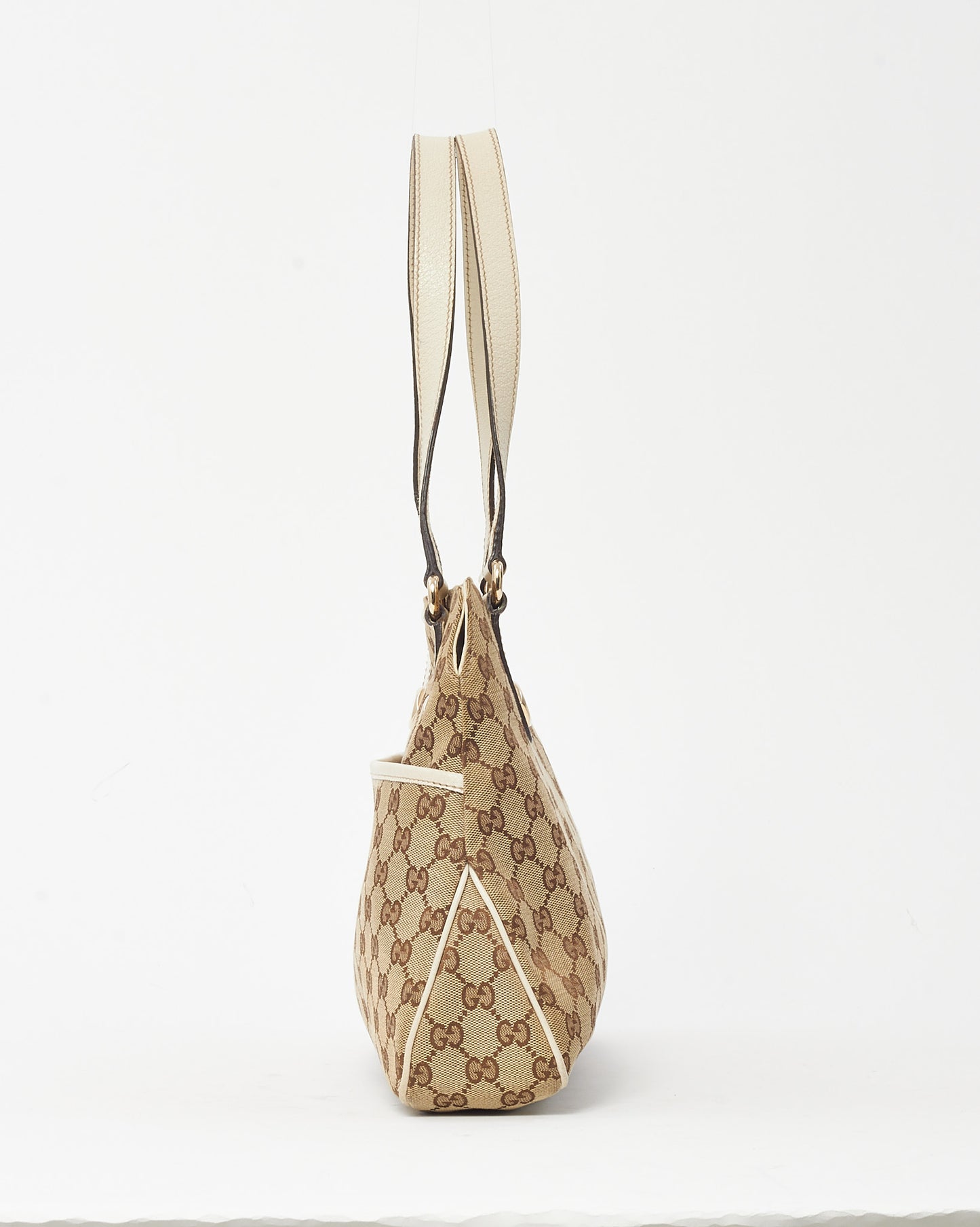 Gucci White Leather and Beige and Brown GG Monogram Canvas Charmy Shoulder Bag