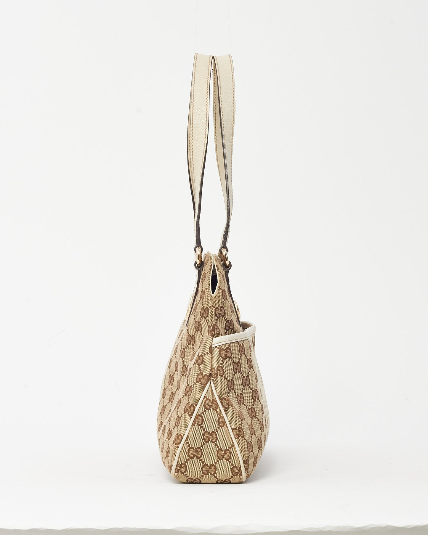 Gucci White Leather and Beige and Brown GG Monogram Canvas Charmy Shoulder Bag