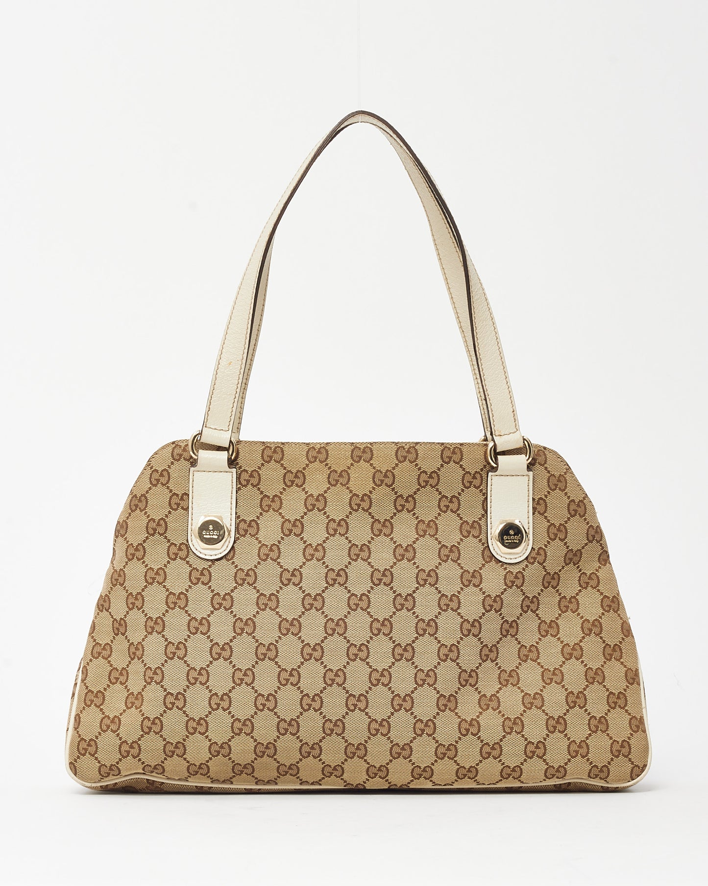 Gucci White Leather and Beige and Brown GG Monogram Canvas Charmy Shoulder Bag